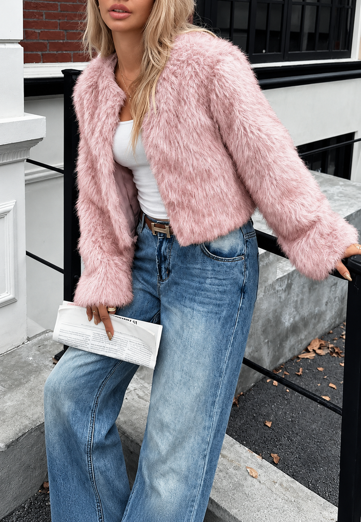 Kort damesjack met bontlook en lange mouwen - Clémence
