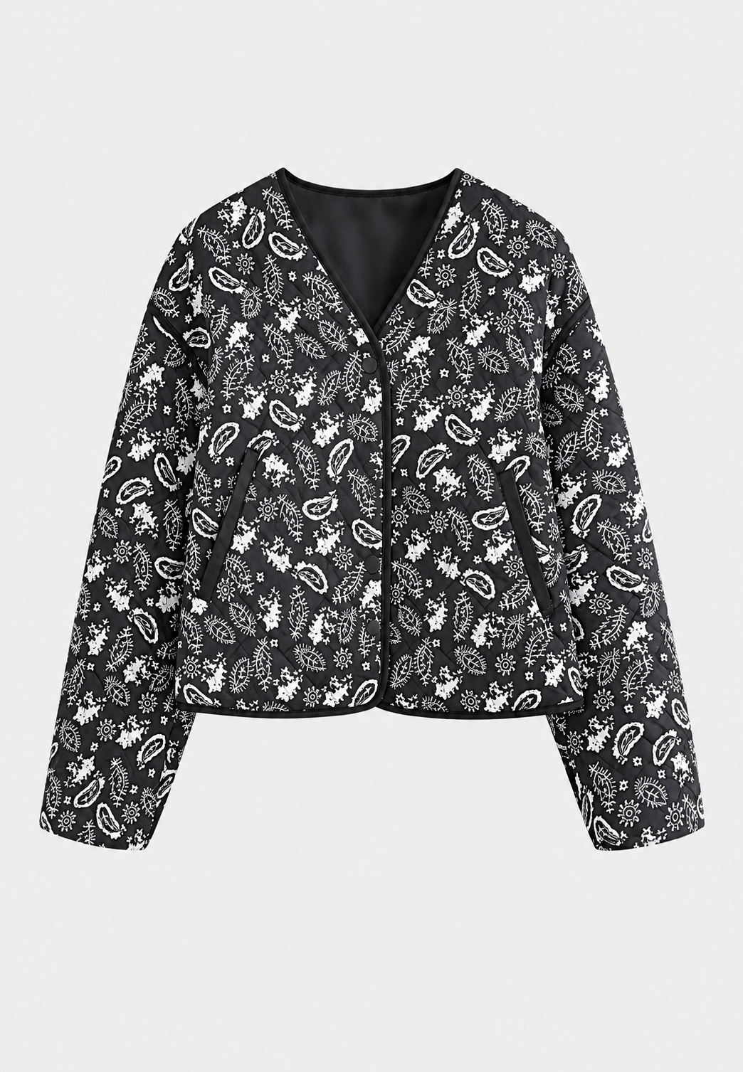 Kort damesjasje met paisleyprint, ruitwattering en contrastbiezen - Ottavia