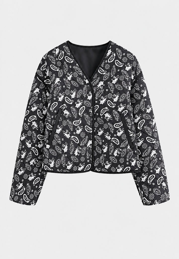 Kort damesjasje met paisleyprint, ruitwattering en contrastbiezen - Ottavia