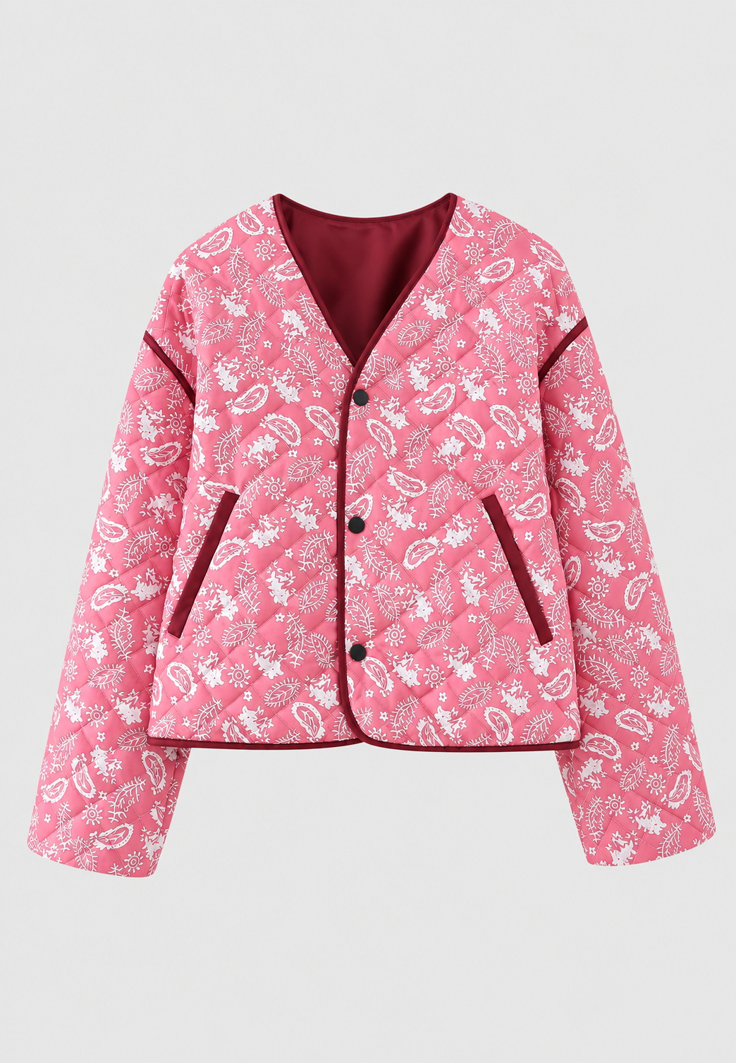 Kort damesjasje met paisleyprint, ruitwattering en contrastbiezen - Ottavia