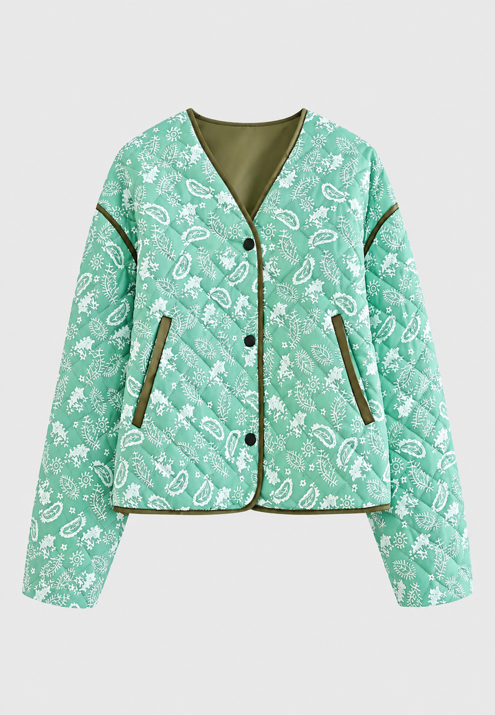 Kort damesjasje met paisleyprint, ruitwattering en contrastbiezen - Ottavia