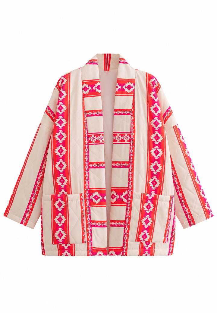 Gewatteerd damesjasje in kimonostijl met etnische geometrische print - Tove