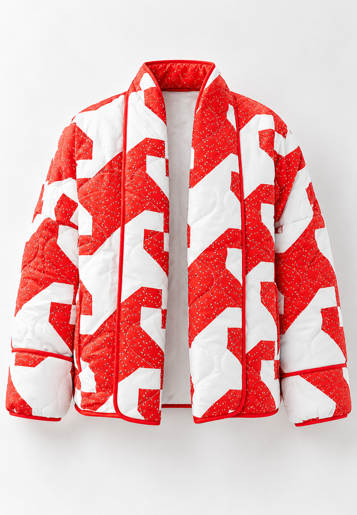 Gewatteerd damesjasje in kimonostijl met abstracte geometrische print - Madelon