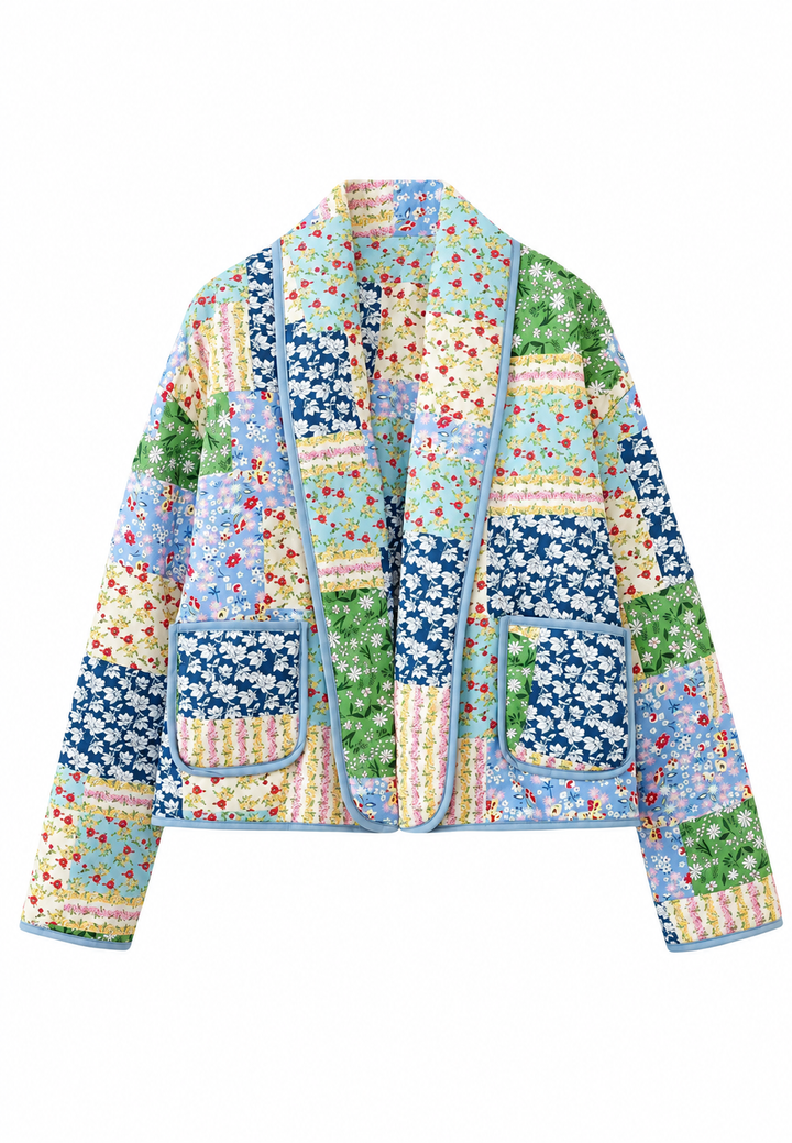Gewatteerd damesjasje met bloemenruiten in patchworkstijl en revers - Bettina