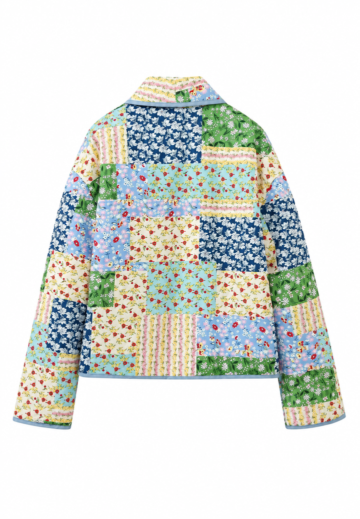 Gewatteerd damesjasje met bloemenruiten in patchworkstijl en revers - Bettina
