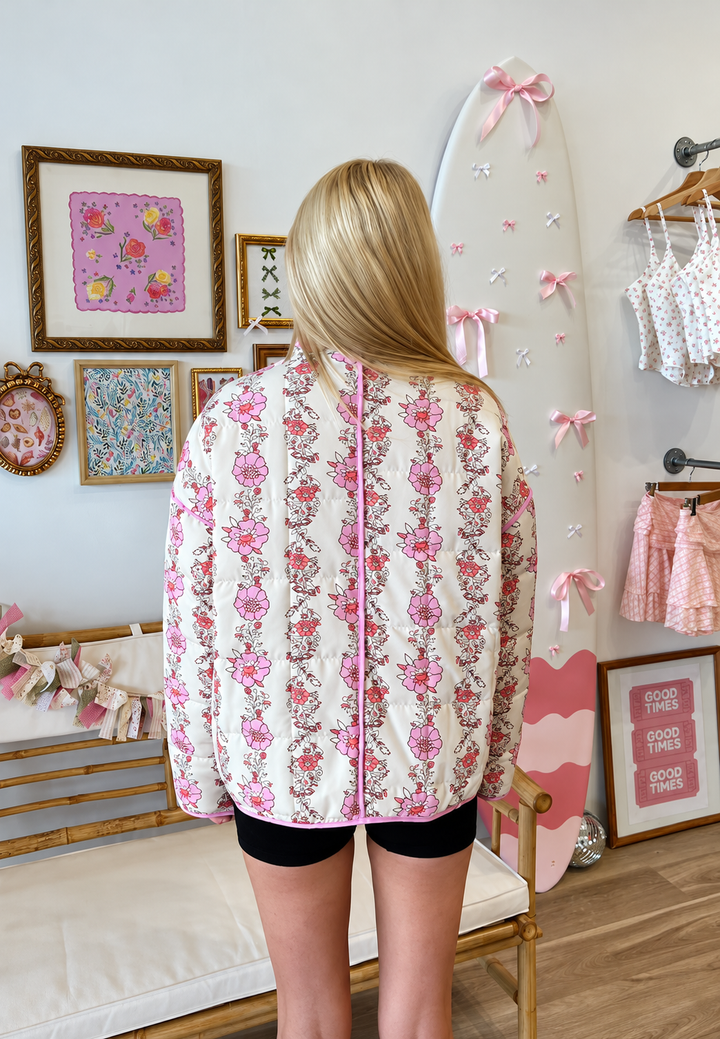 Damesjasje met hoge hals, gewatteerde bloemenprint en biezen - Ludovica