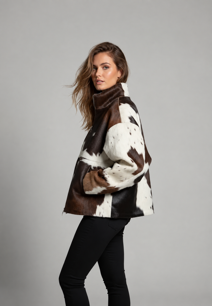 Damesjasje in synthetisch bontlook met koeienprint en hoge hals - Gesine
