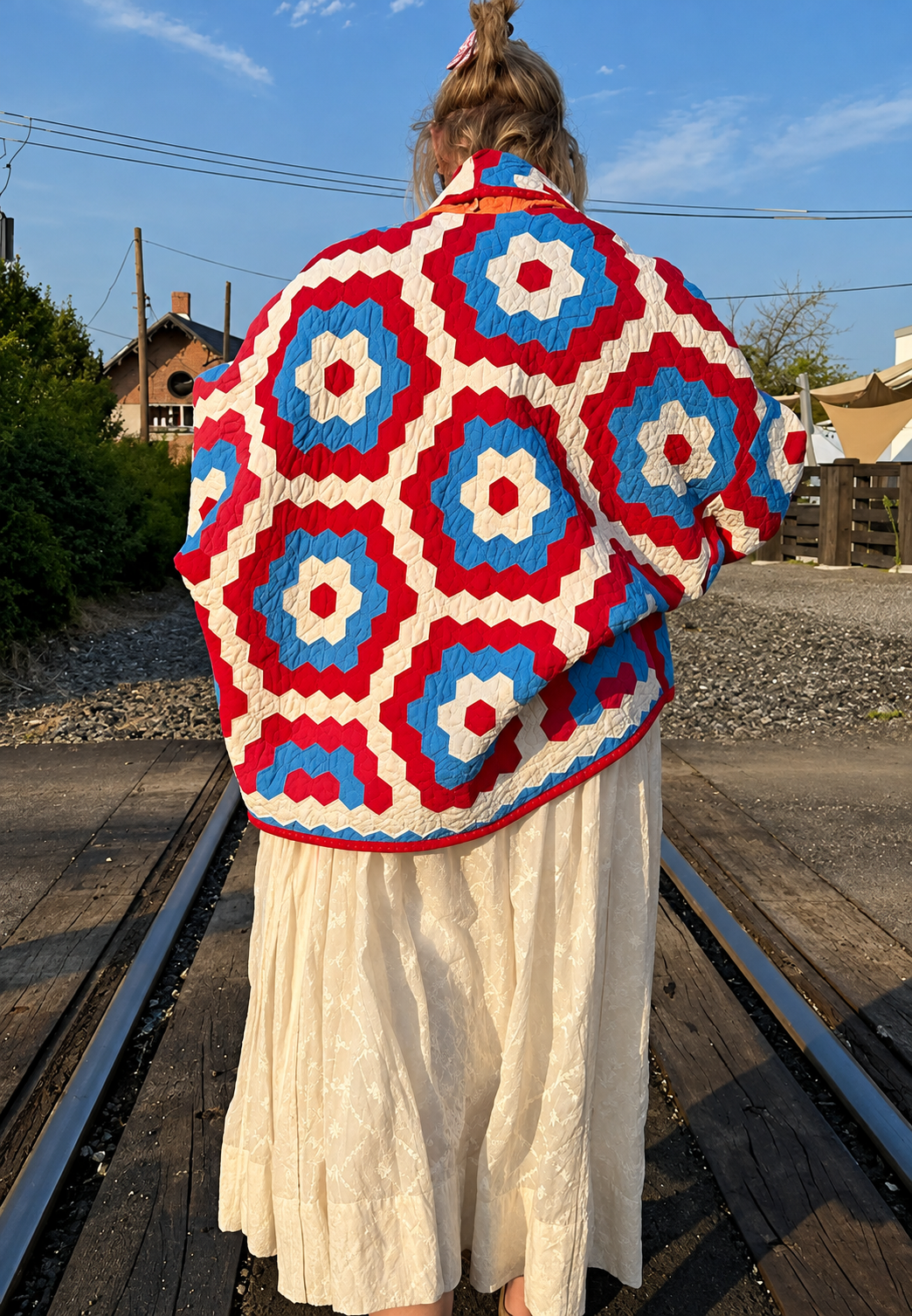 Damesjasje in kimonostijl met maxi geometrische print, gewatteerd - Odette