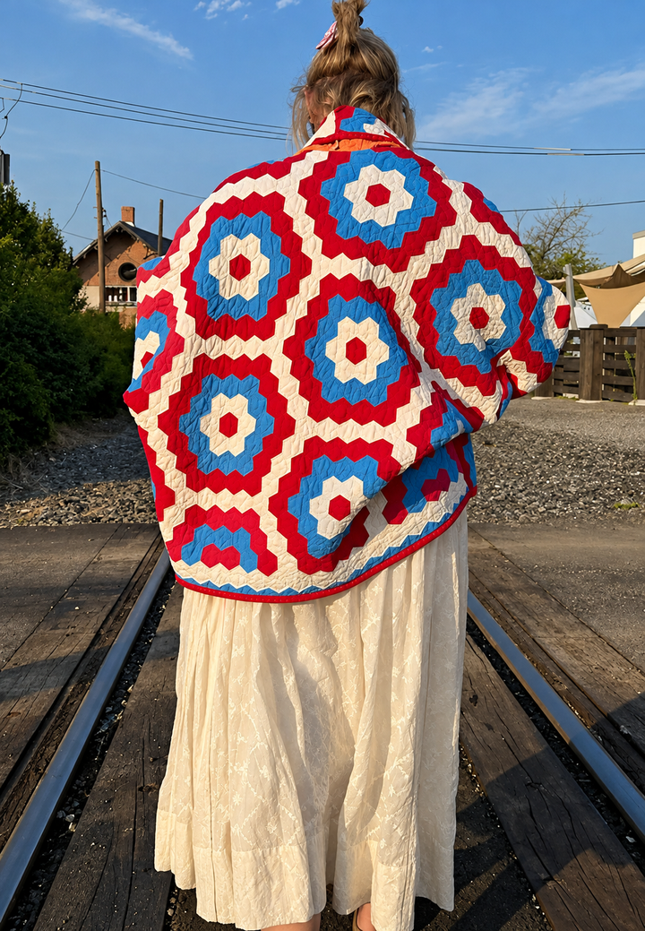Damesjasje in kimonostijl met maxi geometrische print, gewatteerd - Odette