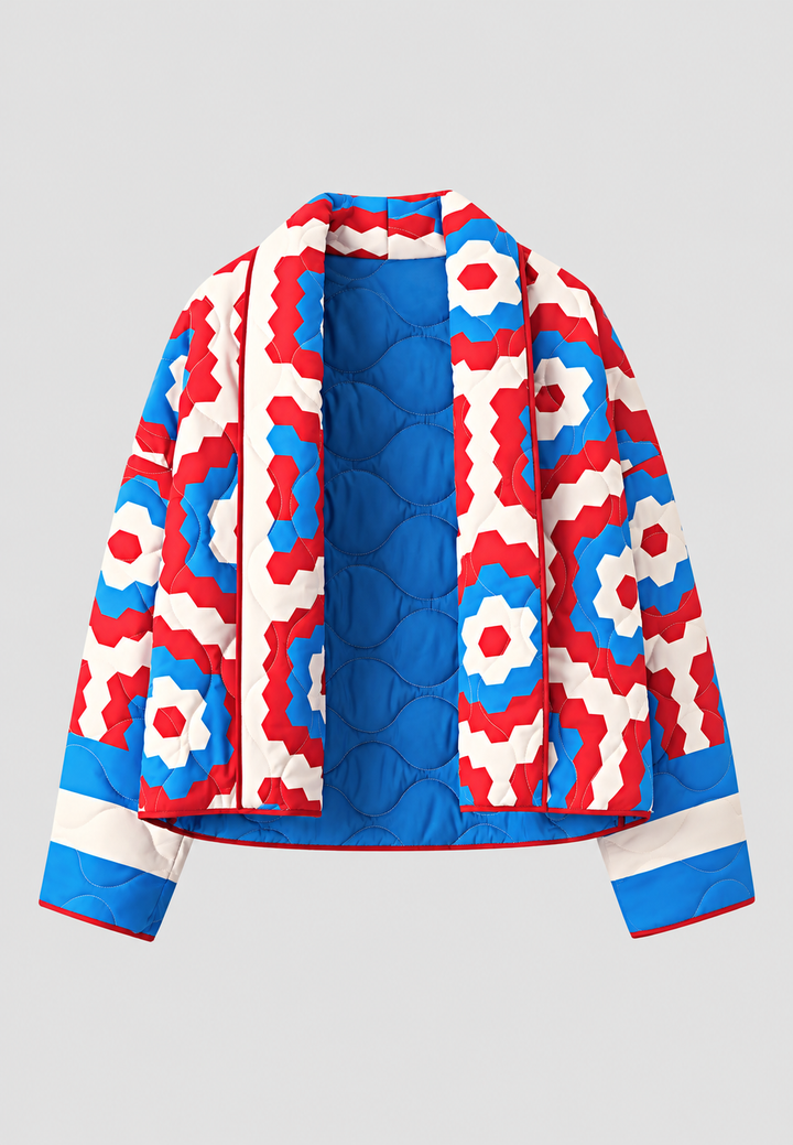 Damesjasje in kimonostijl met maxi geometrische print, gewatteerd - Odette