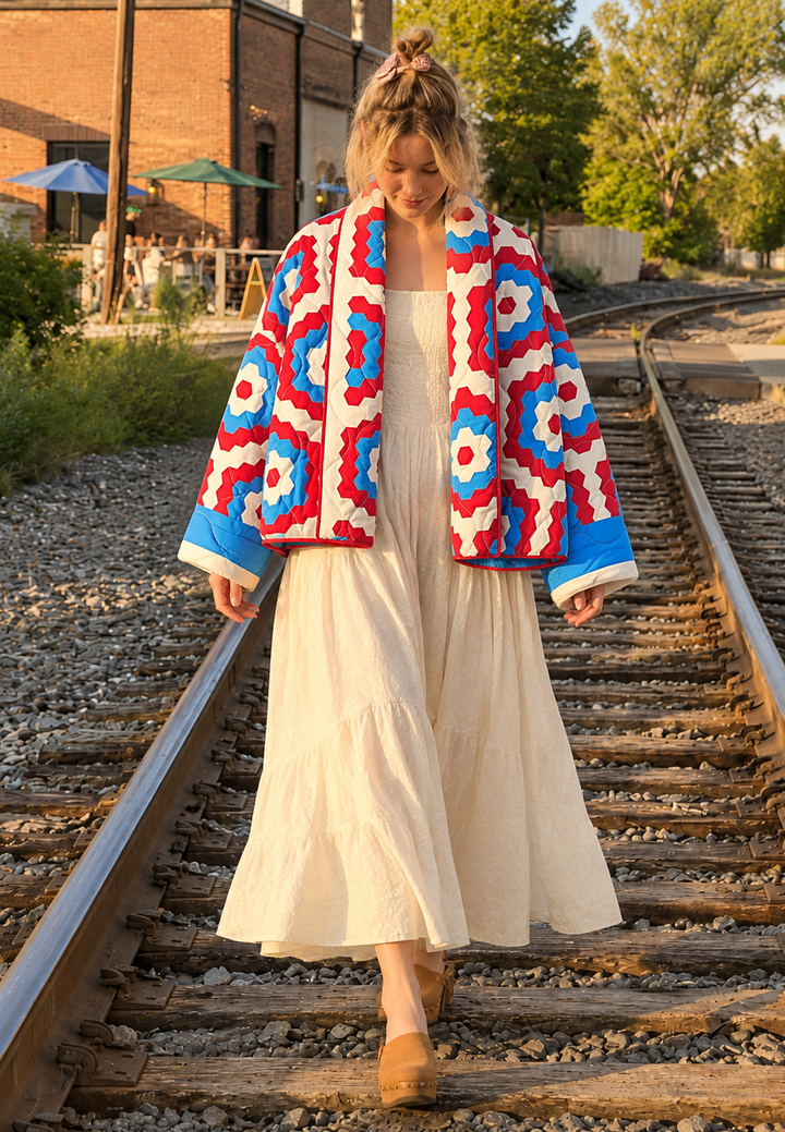 Damesjasje in kimonostijl met maxi geometrische print, gewatteerd - Odette