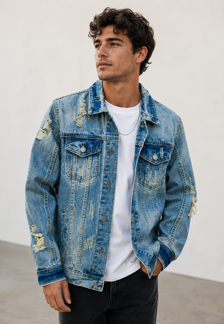 Slim fit herenjeansjasje met scheuren en gewassen effect - Levon