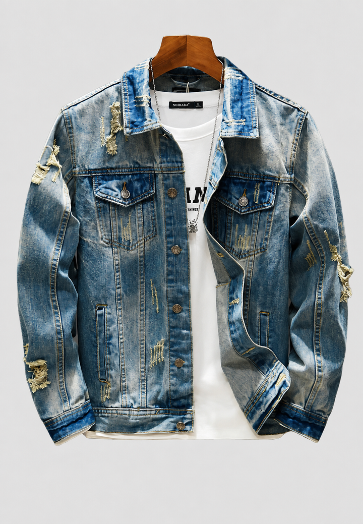 Slim fit herenjeansjasje met scheuren en gewassen effect - Levon