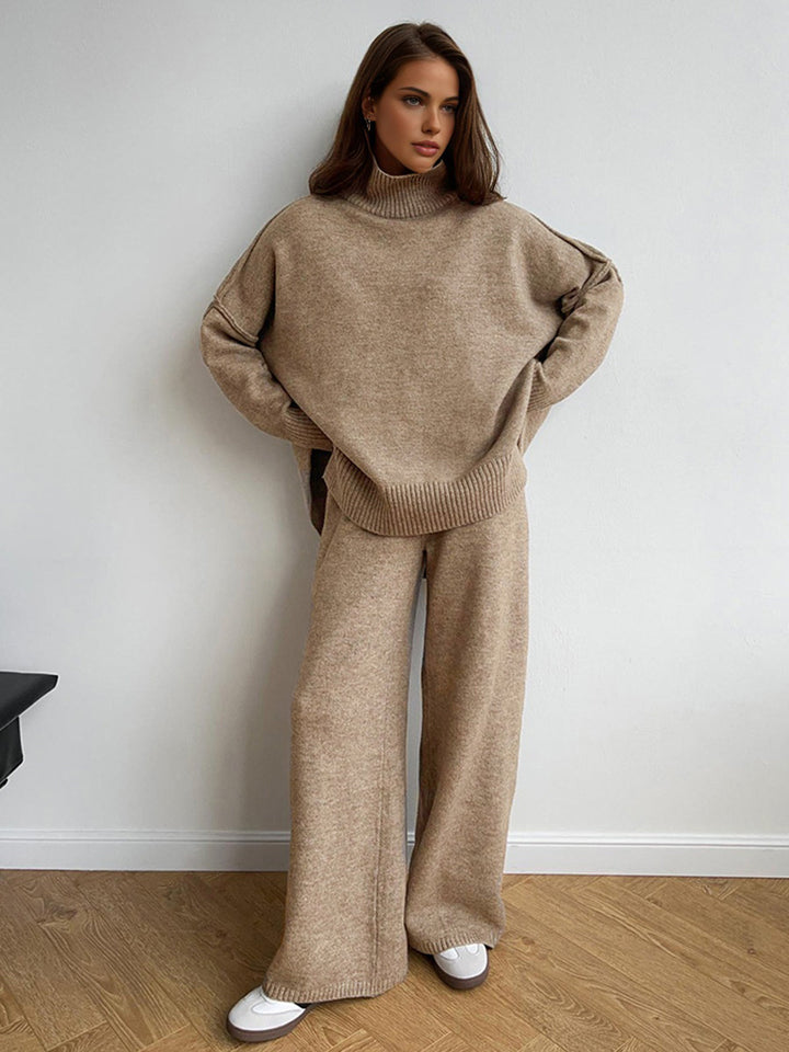 Gebreide set voor dames met een trui met hoge kraag en een wijde broek - Elske