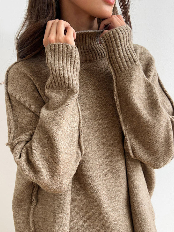 Gebreide set voor dames met een trui met hoge kraag en een wijde broek - Elske