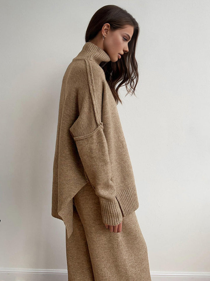 Gebreide set voor dames met een trui met hoge kraag en een wijde broek - Elske