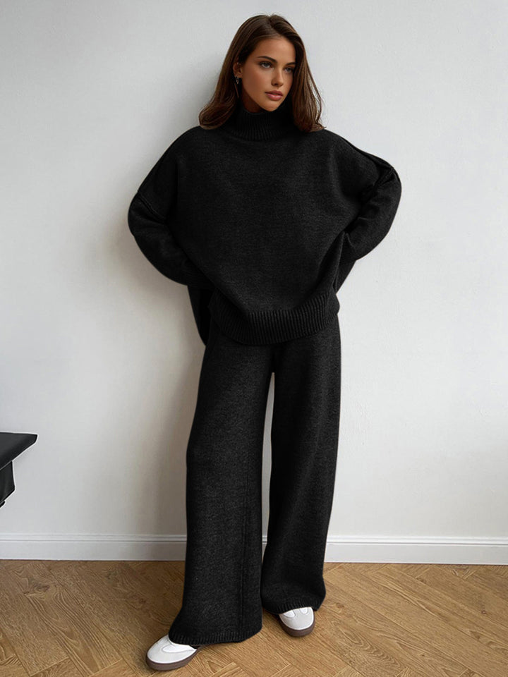 Gebreide set voor dames met een trui met hoge kraag en een wijde broek - Elske