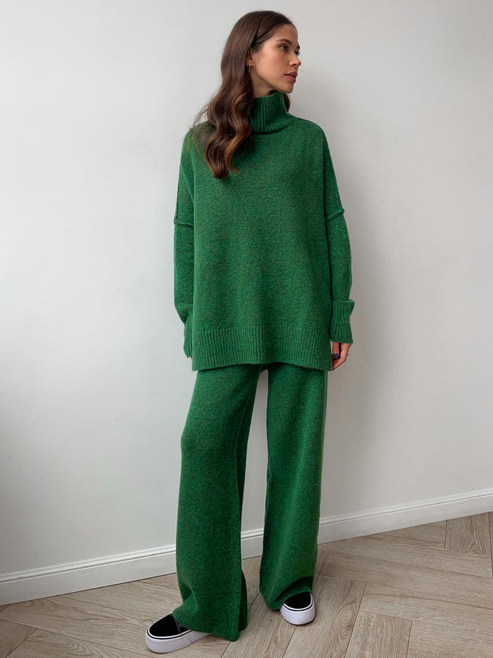 Gebreide set voor dames met een trui met hoge kraag en een wijde broek - Elske