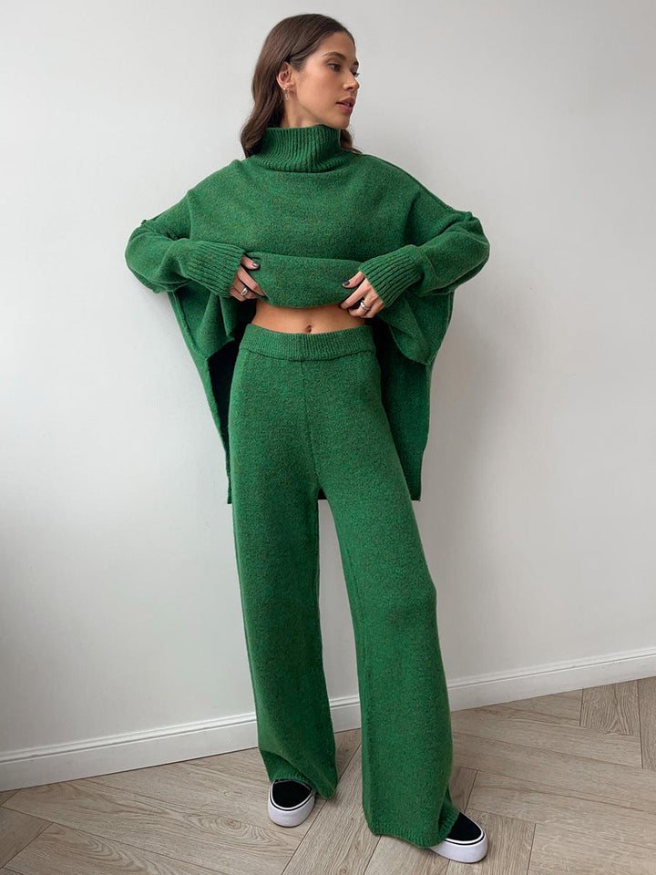 Gebreide set voor dames met een trui met hoge kraag en een wijde broek - Elske