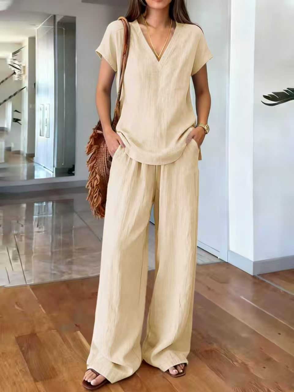 Dames casual V-hals linnen tweedelige set - Klarisa