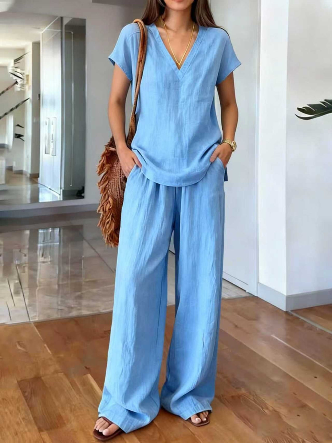 Dames casual V-hals linnen tweedelige set - Klarisa
