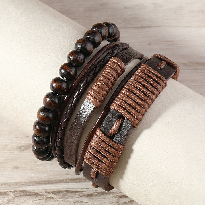 Herenarmband gewaxt touw en leren tribal design 3 stuks - Terrakai