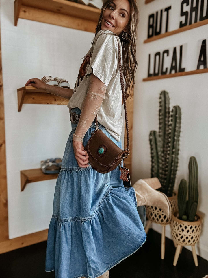 Lange denim damesrok met ruches bohemian stijl - Alaya