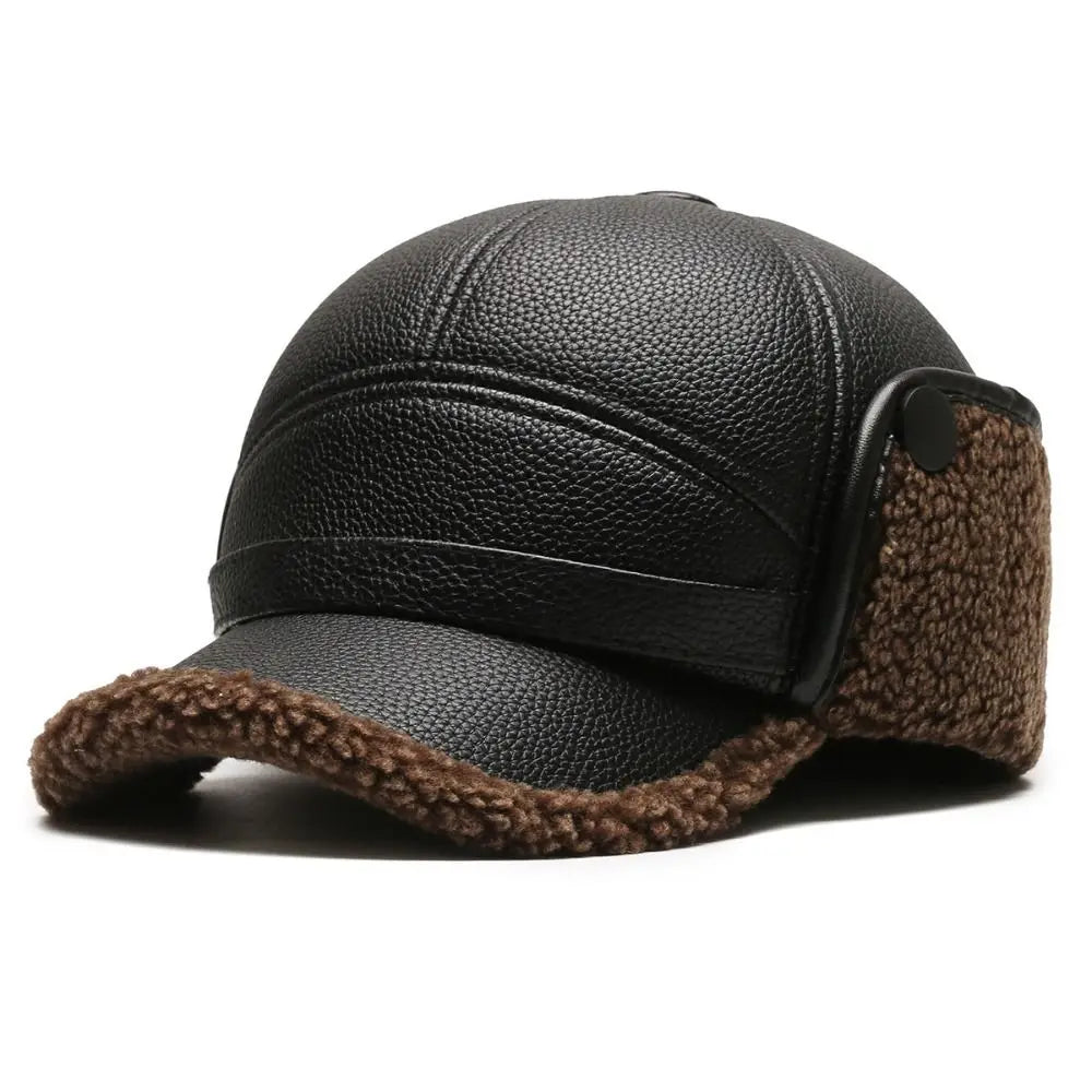 Herenpet met leerlook en oorkleppen met schapenvachtlook - Mauro