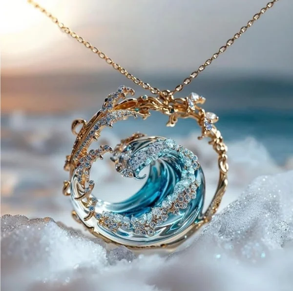 Blauw golfkristal damesketting Oceanisch ontwerp - Naia