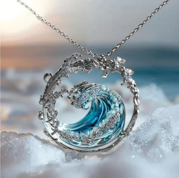 Blauw golfkristal damesketting Oceanisch ontwerp - Naia