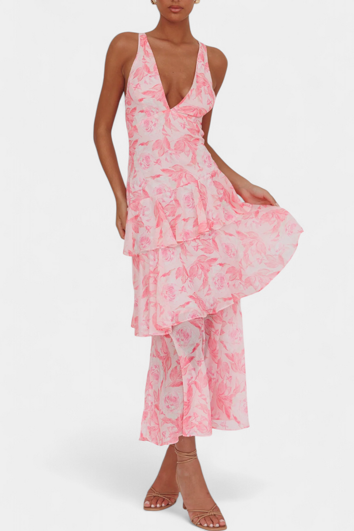 Damesjurk met lange V-hals en chiffon - Domenica