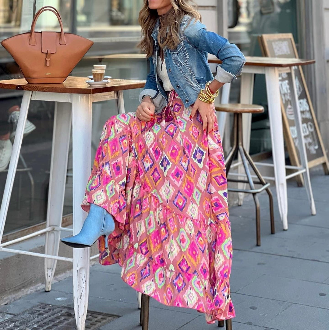 Lange rok met veelkleurige paisleyprint en bohemian snit - Clémence