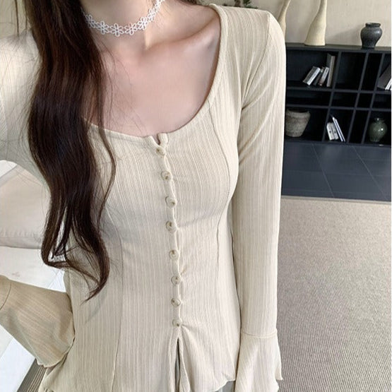 Geribd dames-T-shirt met lange mouwen en decoratieve knopen - Delorean