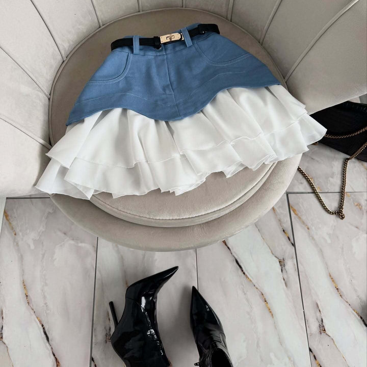 Dames denim minirok gecombineerd met geplooide ruches in laagjes - Yvette