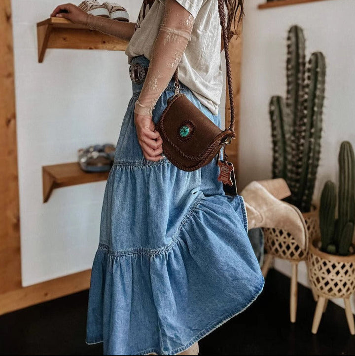 Dames denim rok in midielengte met hoge taille en volants - Nuri