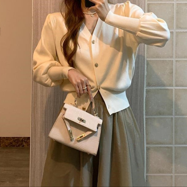 Damescardigan met V-hals en pofmouw in retrostijl - Odile