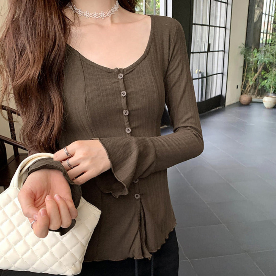 Geribd dames-T-shirt met lange mouwen en decoratieve knopen - Delorean