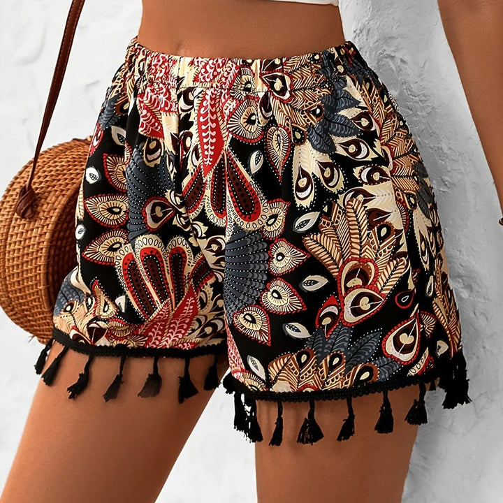 Bohemian print short met hoge taille en kwastjes - Naïra