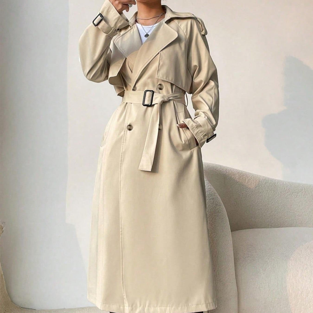Lange trenchcoat voor dames met revers met dubbele borst en verstelbare riem - Maelis