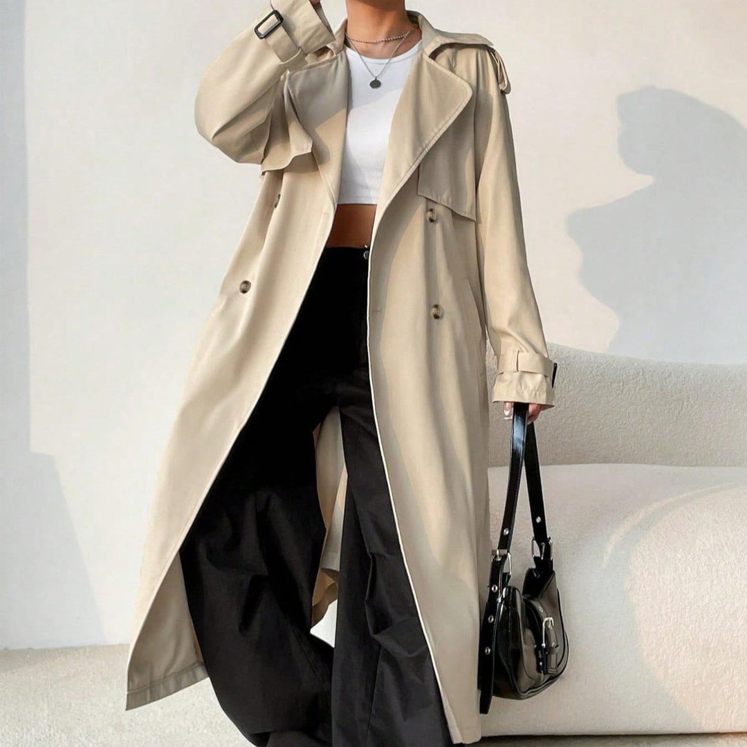 Lange trenchcoat voor dames met revers met dubbele borst en verstelbare riem - Maelis