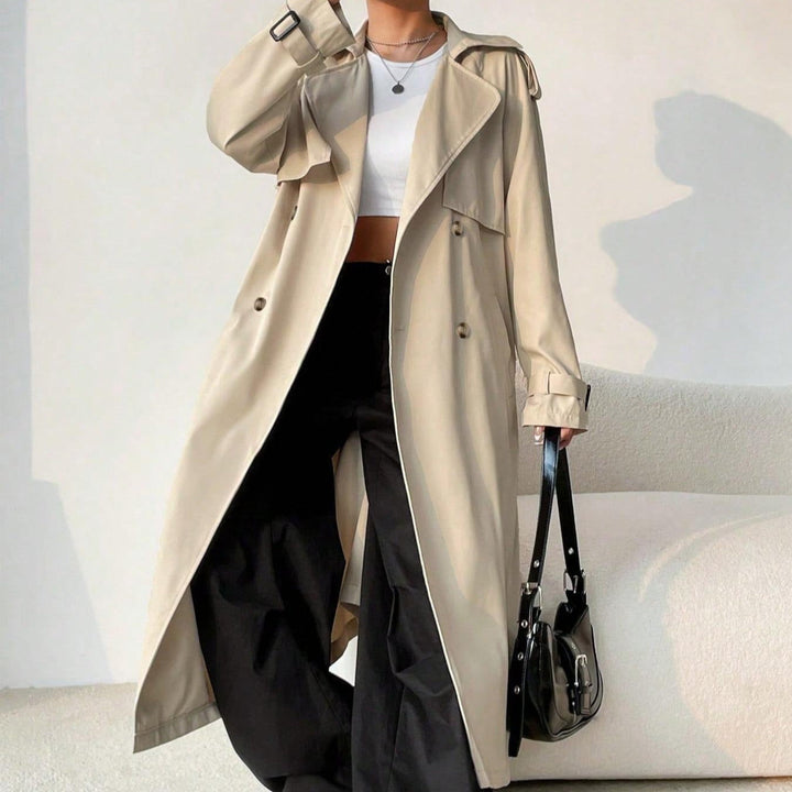 Lange trenchcoat voor dames met revers met dubbele borst en verstelbare riem - Maelis