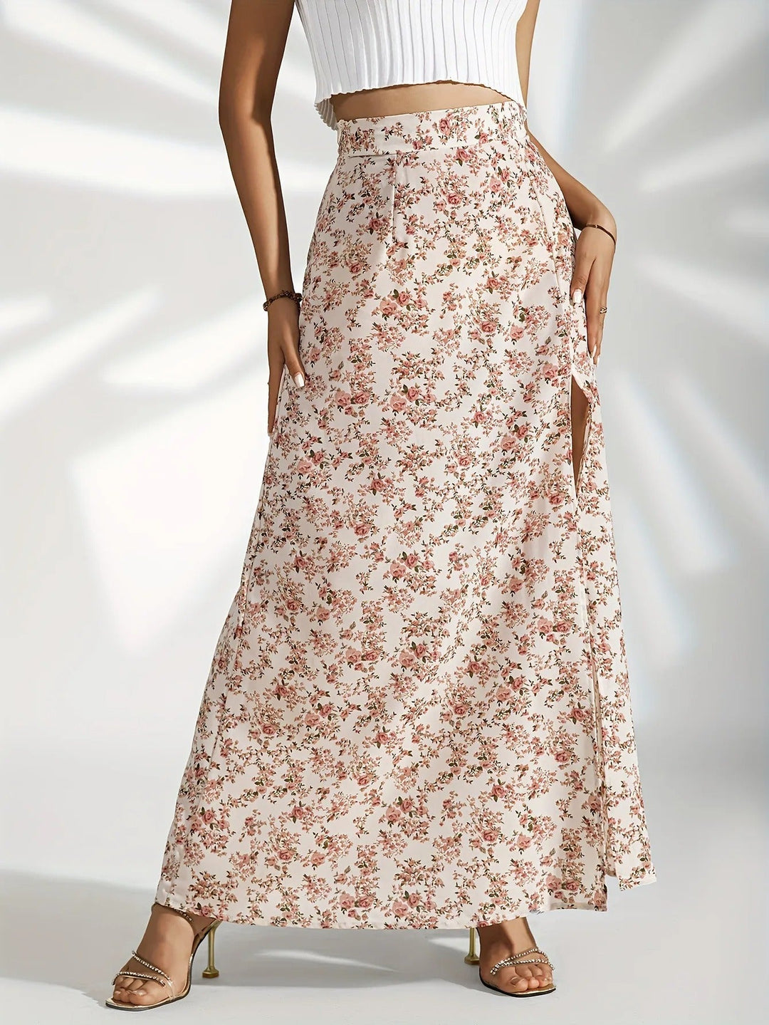 Gebloemde lange rok met zijsplit - Lichtblauw