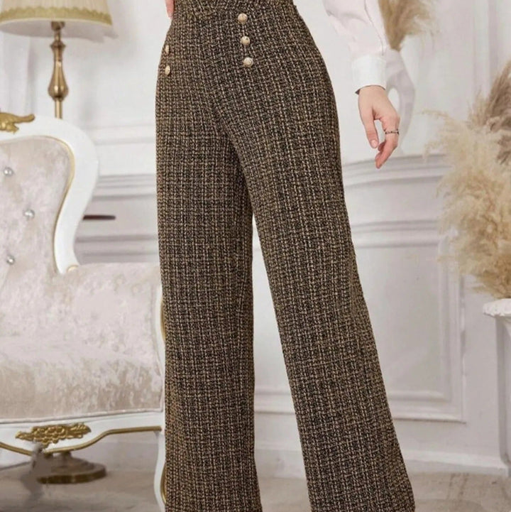 Tweed damesbroek met hoge taille en sierknopen - Noémie