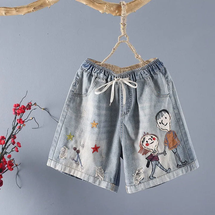 Denim short met geïllustreerd borduursel en elastische tailleband - Elaine