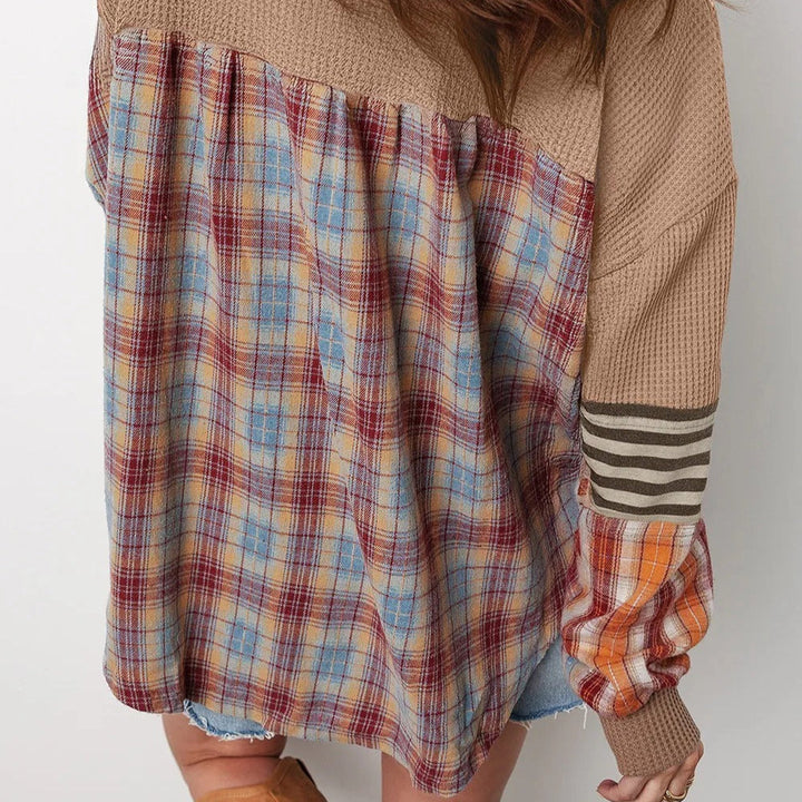 Damessweatshirt in patchworkstijl met gestreepte en geruite mouwen - Leona