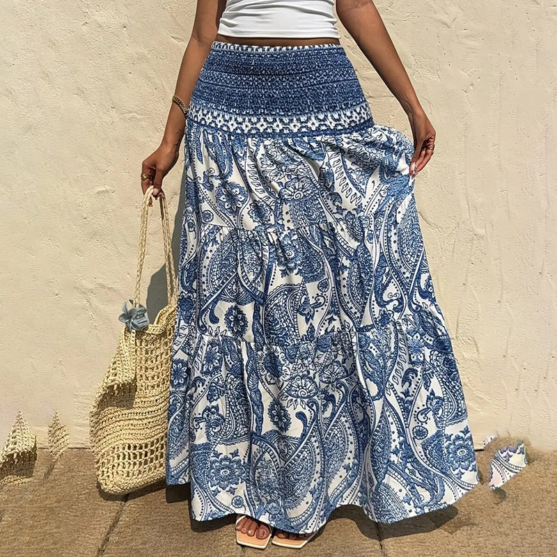 Lange rok met elastiek in de taille, bohemian print - Éloise