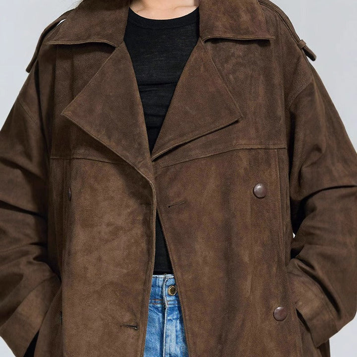 Bruine suède lange jas - Enna