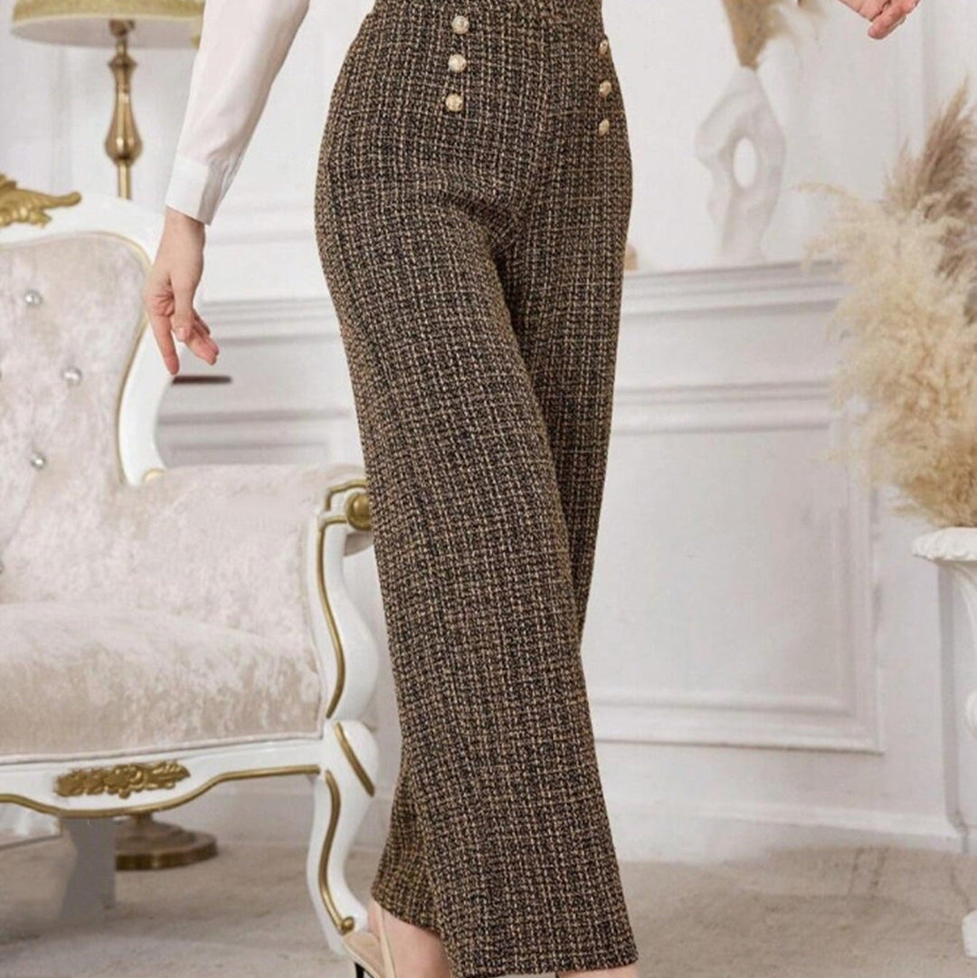 Tweed damesbroek met hoge taille en sierknopen - Noémie