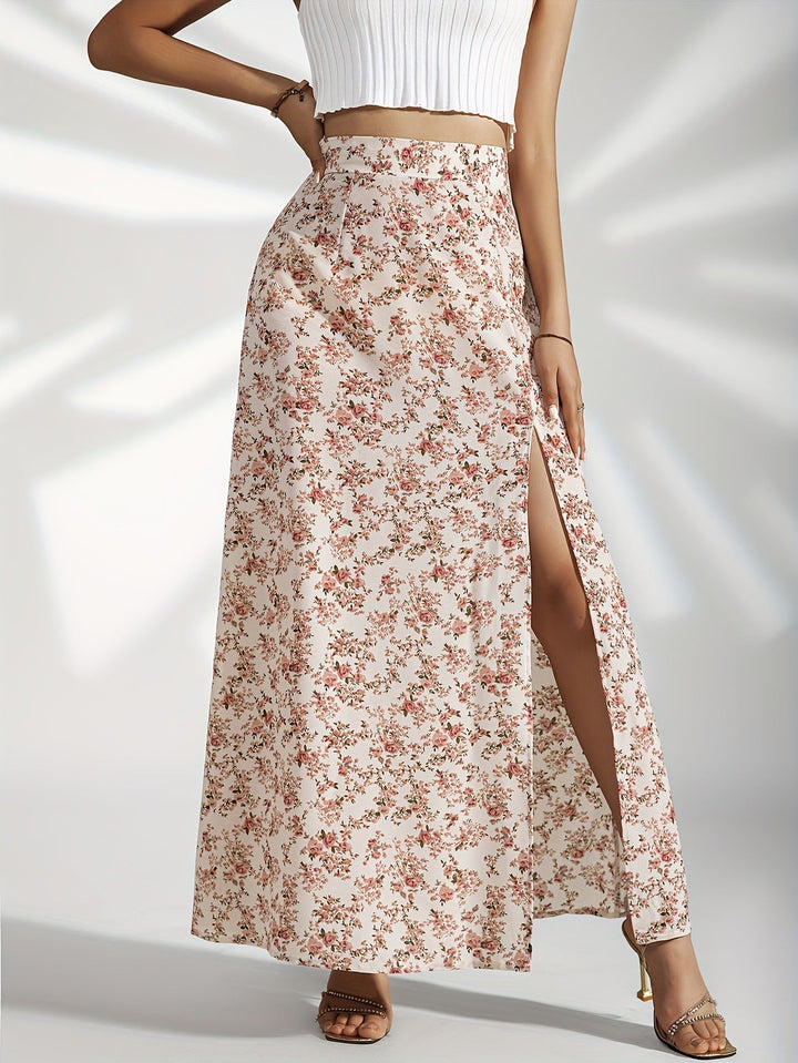 Gebloemde lange rok met zijsplit - Lichtblauw