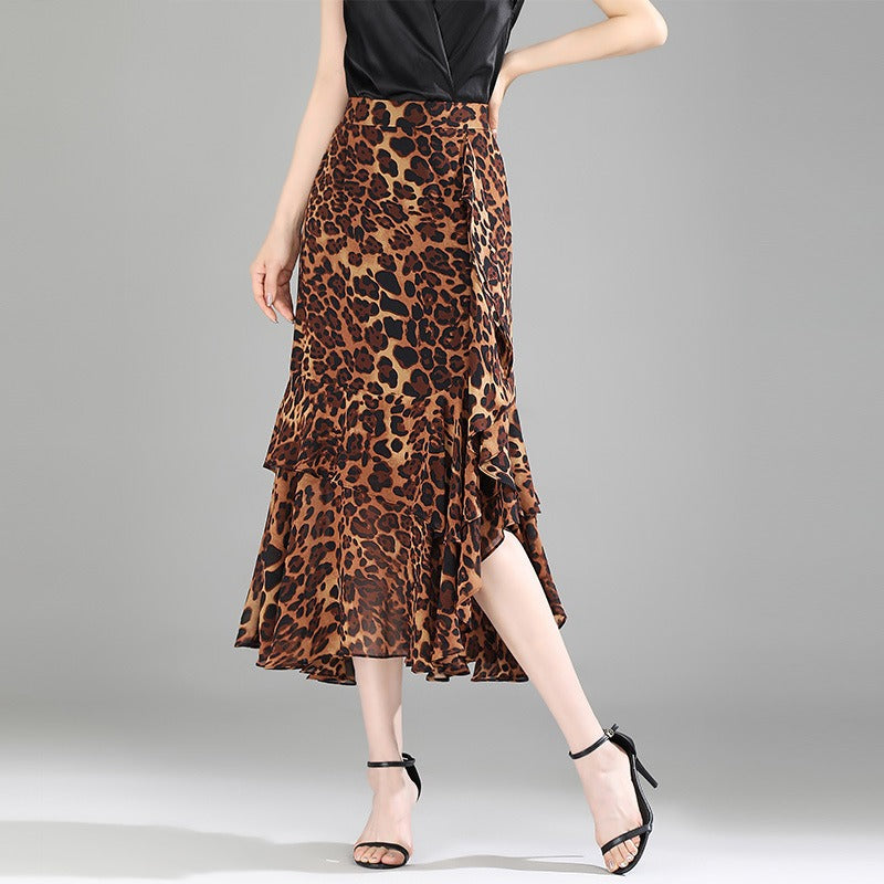 Dames midirok in chiffon met dierenprint en ruches - Renata